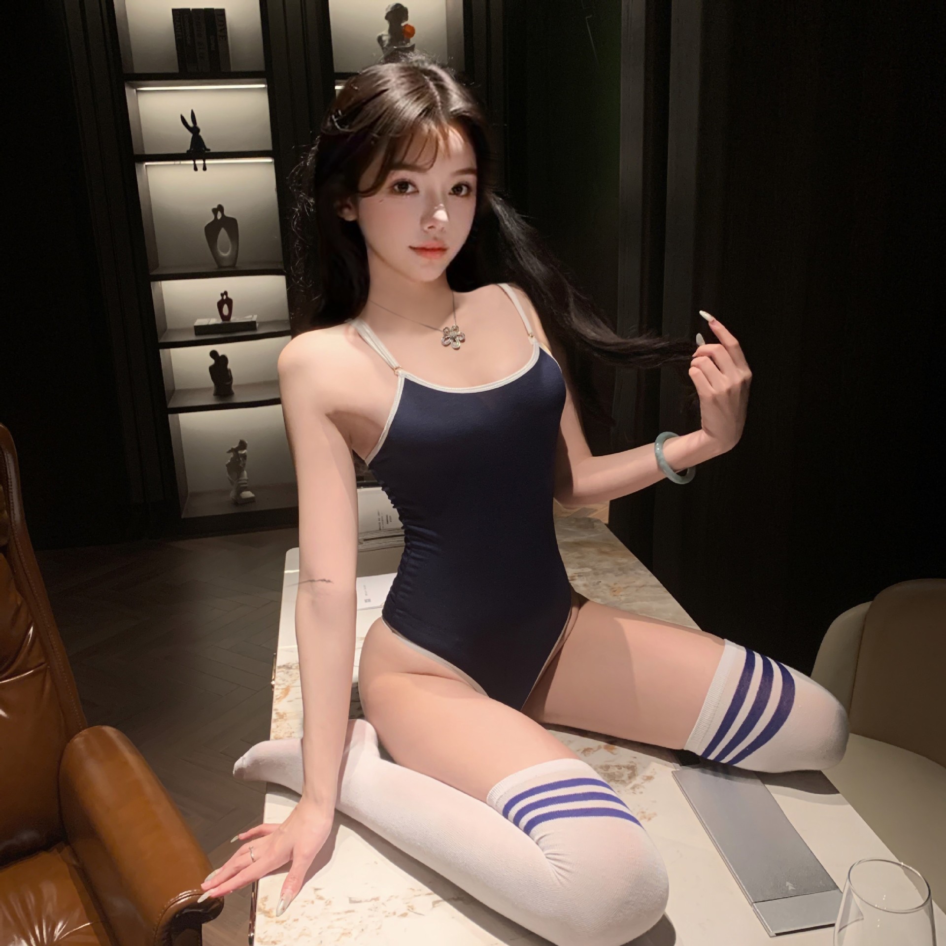 兮月【动漫之泳】网红同款简约免免睡衣套装显瘦美背性感运动套装