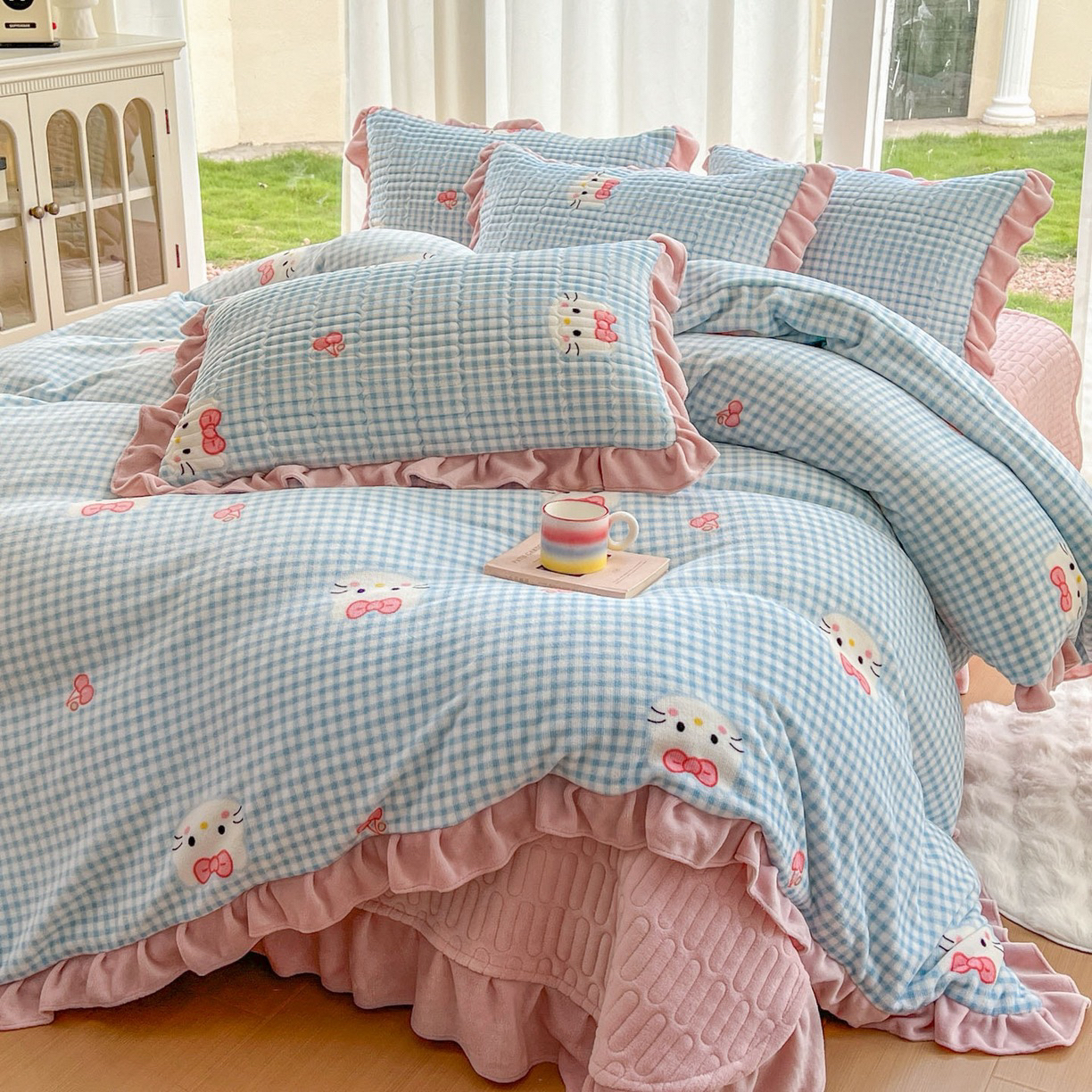 卡通牛奶绒毛巾绣冬季加厚双面加绒被套床盖款四件套韩式被罩A类