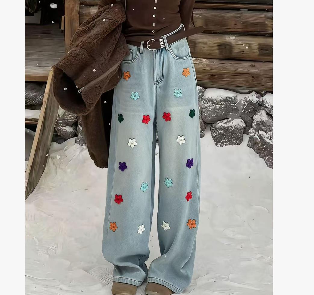 【晴晴自留】b3084冬季新款百搭复古立体花朵加绒/单料牛仔阔腿裤