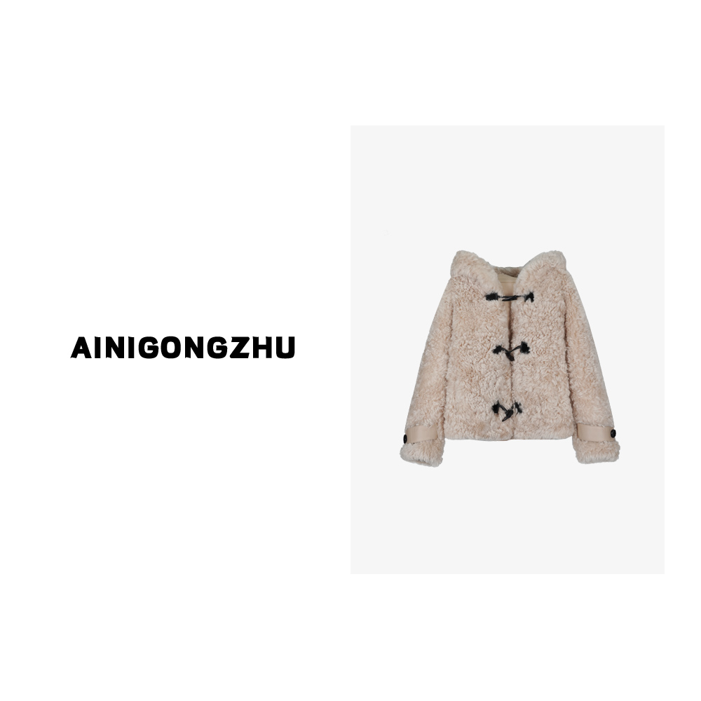 AINIGONGZHU/艾妮公主设计款托斯卡纳连帽羊毛皮一体女装外套8387