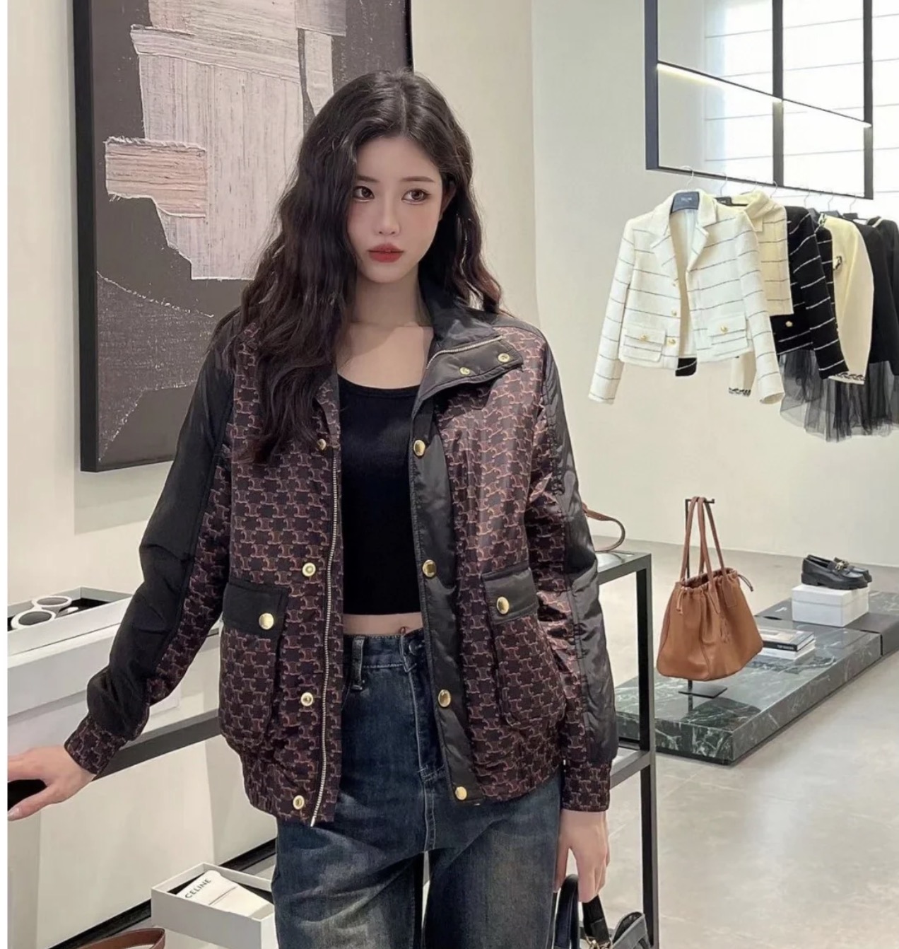 99新 Celine/思琳 qq1041 锦纶/聚酯 凯旋门logo印花棉服外套 34