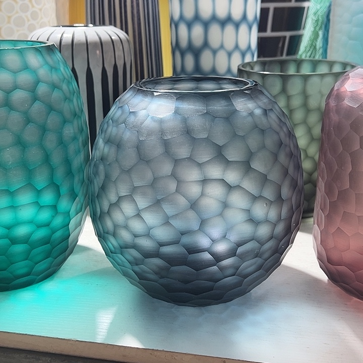 琉璃手工艺品兰色磨刻花瓶花器高22口10