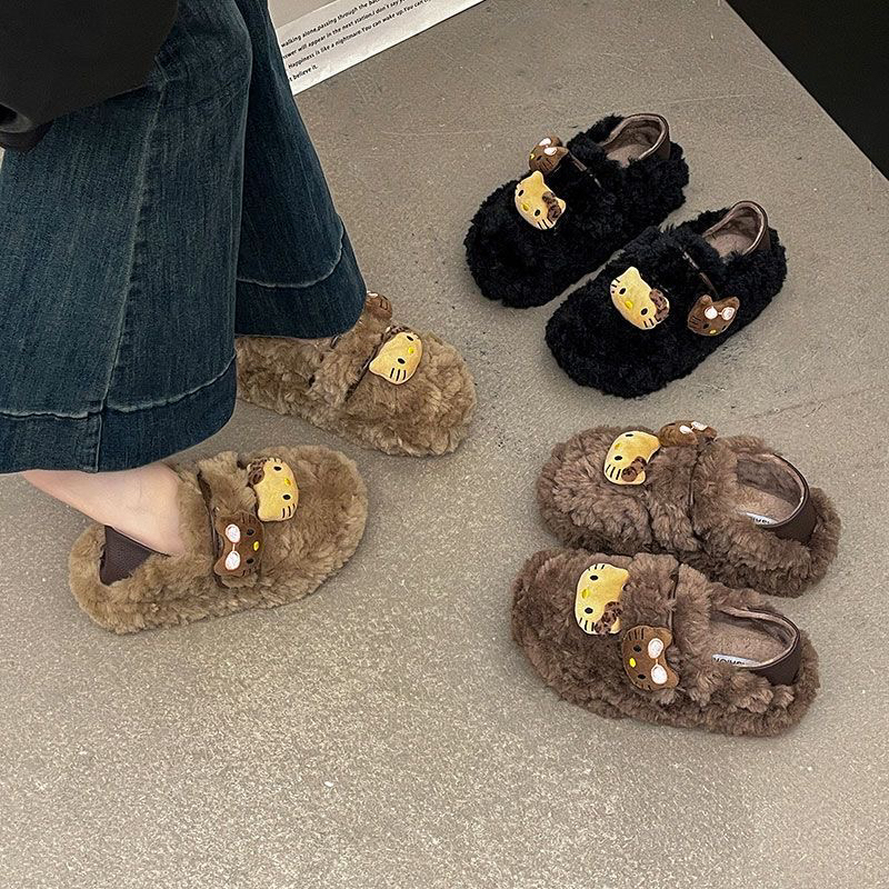 kitty猫棉鞋女外穿2025新年鞋女爆款厚底加绒防滑增高保暖毛毛拖