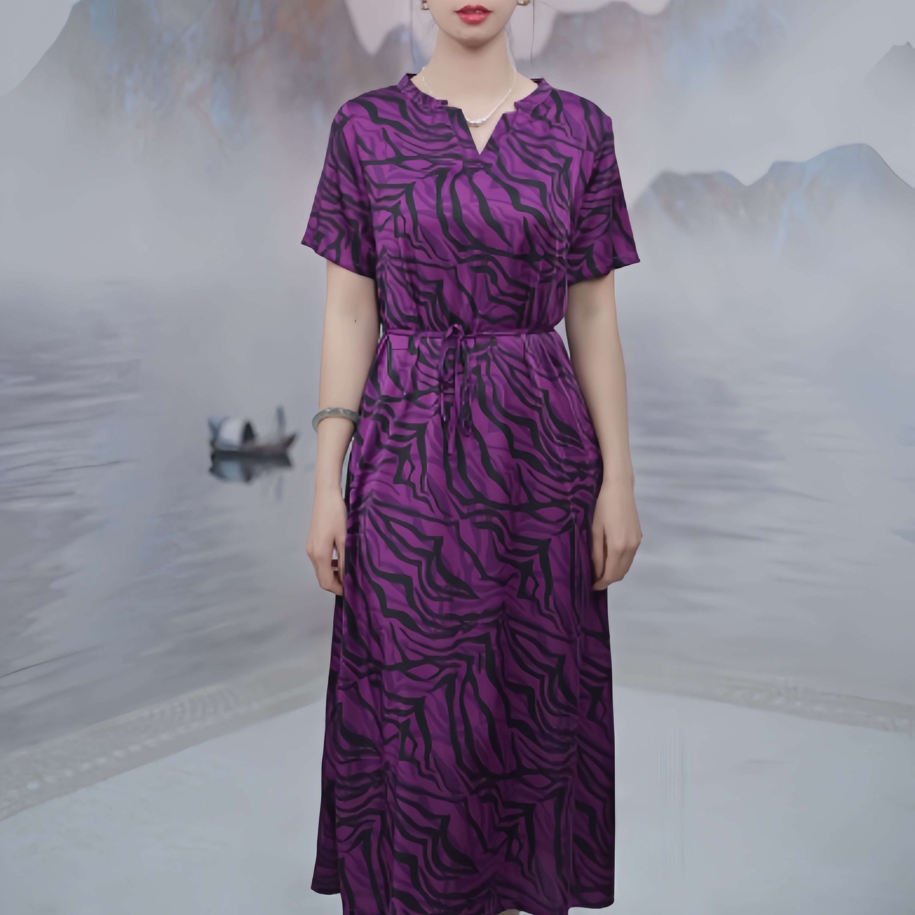 2545夏季高级感时尚气质印花V领系带显瘦女装连衣裙