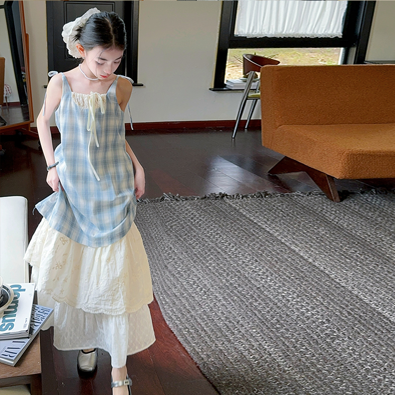 【白弟Maila】女童叠穿儿童假两件背心裙夏天套装夏季蕾丝长裙