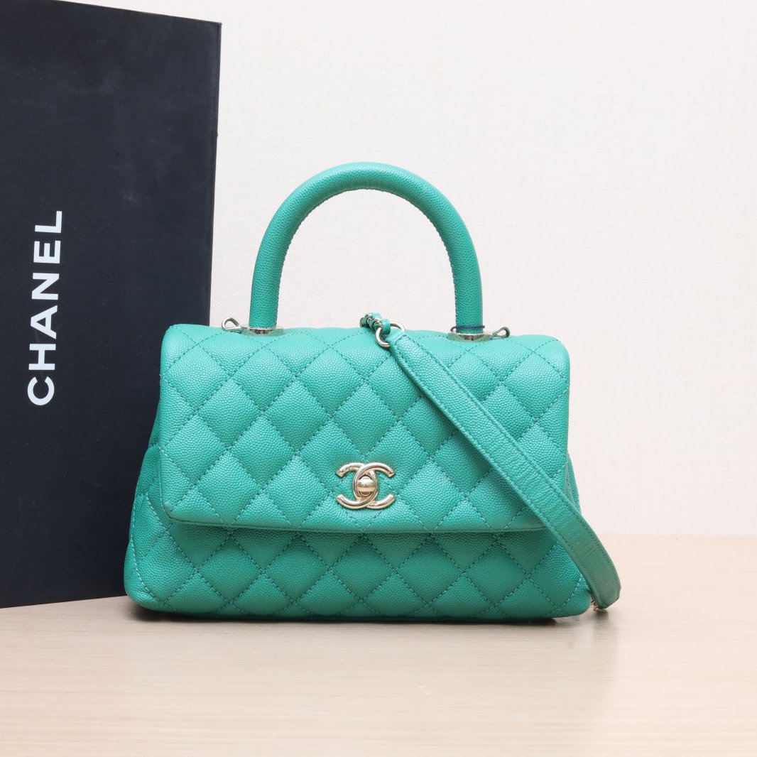 95新 Chanel/香奈儿 小花双双 Handle 小号 绿色 荔枝皮革C 30开