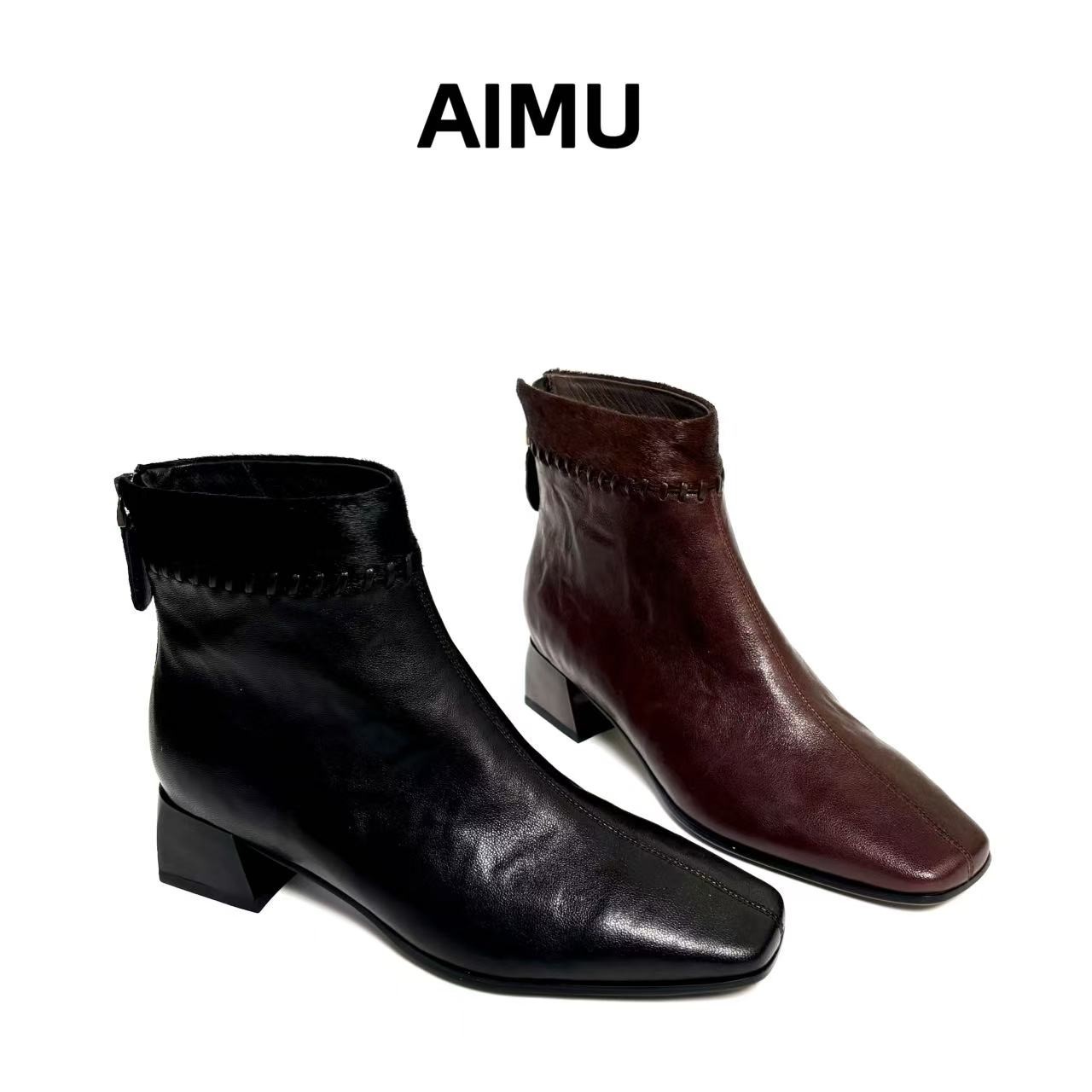 AIMU艾慕水晶羊皮马毛拼接编织复古百搭时尚女靴秋冬低跟舒适