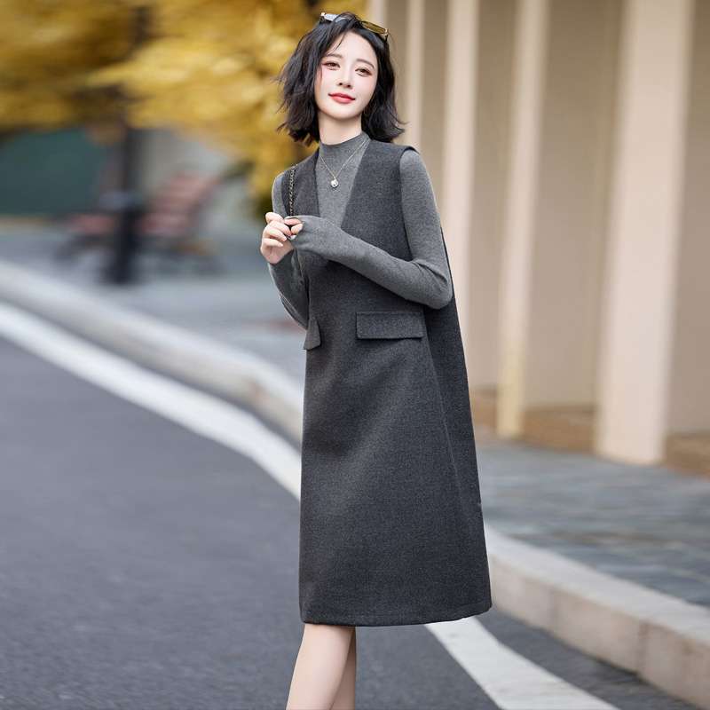 长袖连衣裙女2024秋冬新款高级感小香风气质针织毛呢背心裙套装裙