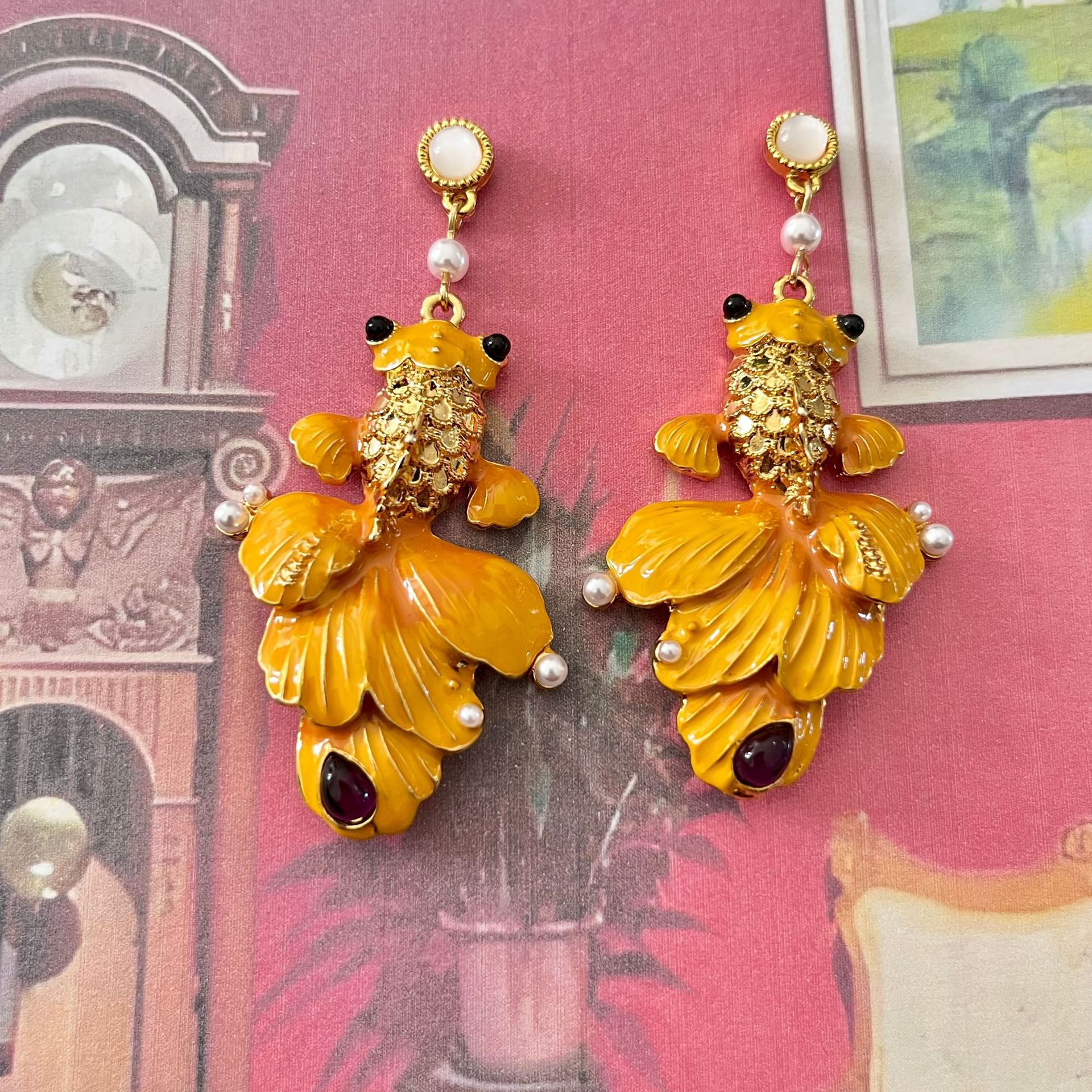 铜合金树脂耳饰 新中式锦鲤耳钉<年年有余>国潮耳坠