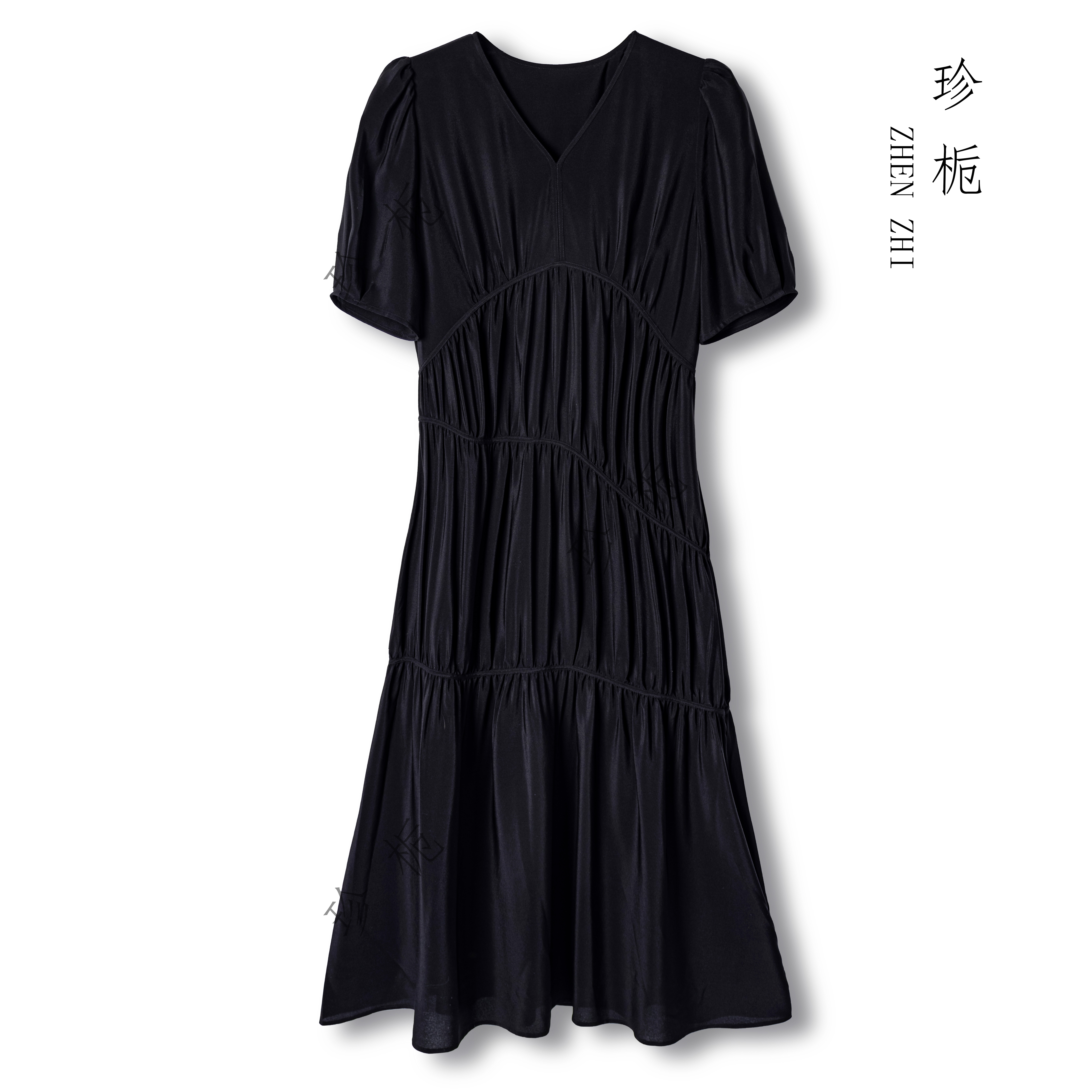 珍栀【黑天鹅】春夏优雅气质时尚黑色桑蚕丝女士长款连衣裙DL5203-1