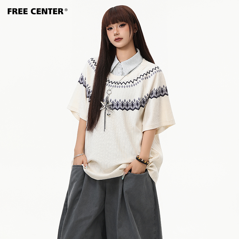 Free Center费尔岛假两件POLO短袖夏男女插肩袖复古麦穗提花半袖