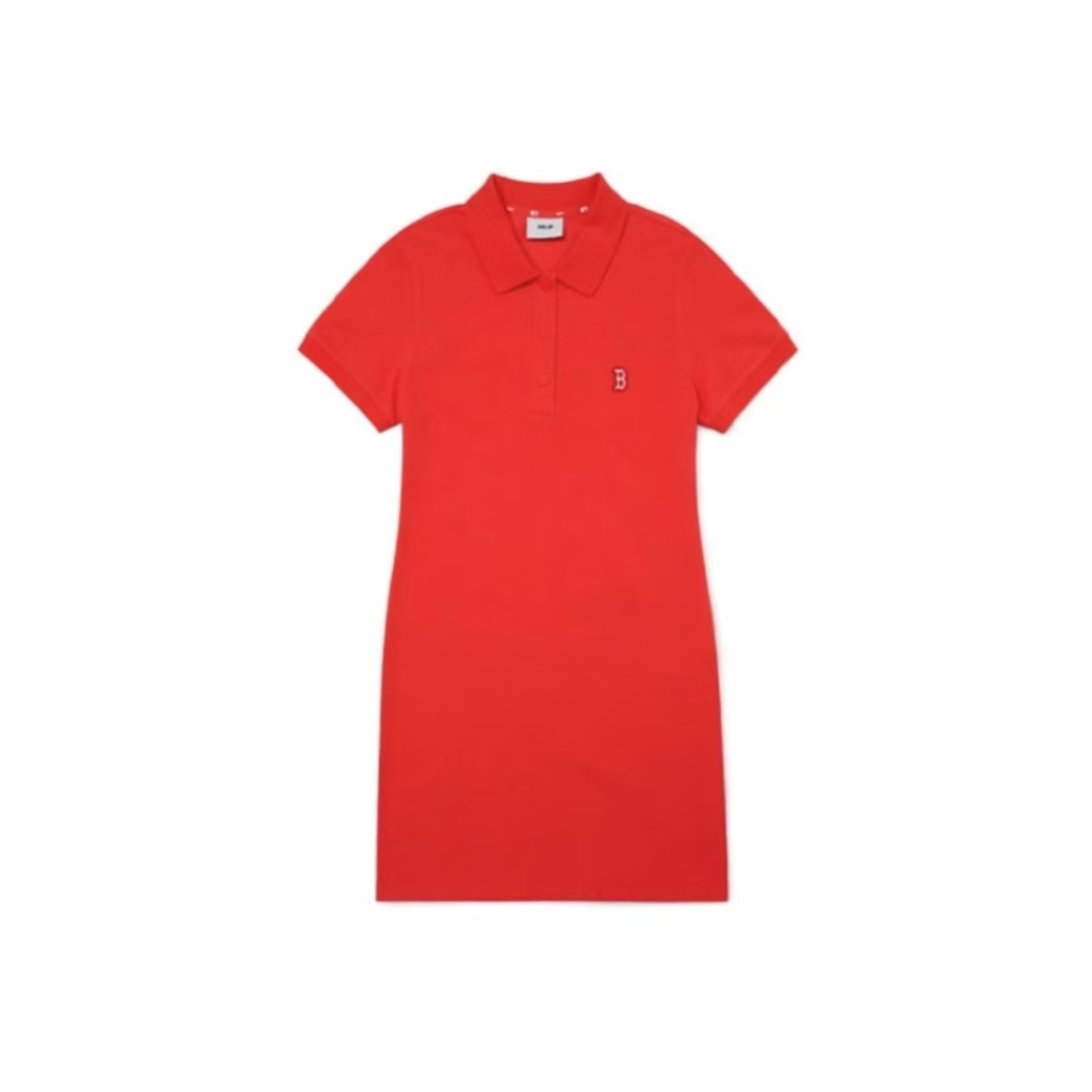 MLB 波士顿纯色刺绣小标领A字型短袖连衣裙 女款 浅红色3FOP00623