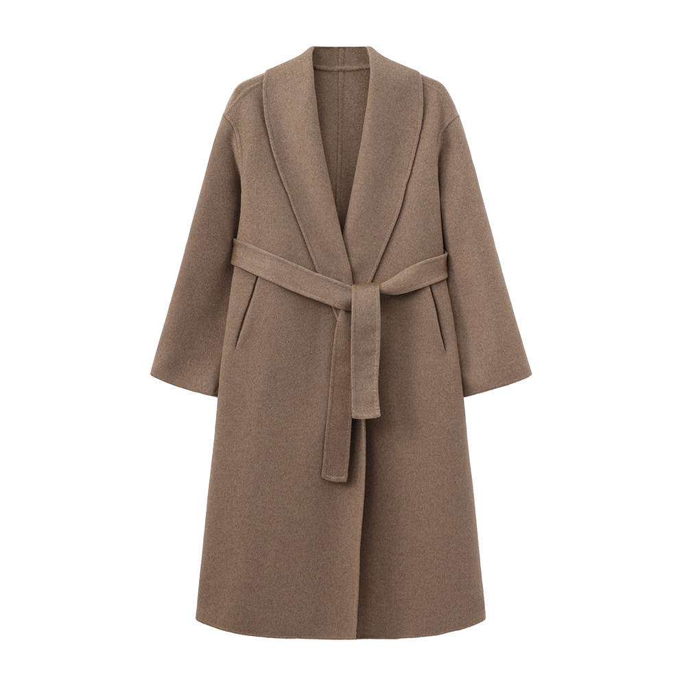 【沈曼品奢】秋冬全羊绒小青果领长款羊绒大衣气质女装 