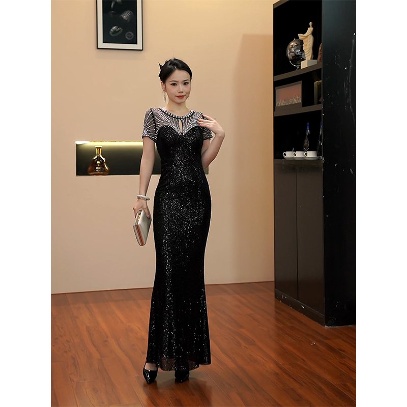 3213轻奢名媛亮片拼接收腰显瘦包臀裙连衣裙