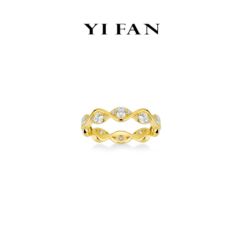 925银合成锆石戒指 10120-金色白点叶子百搭戒指（大）