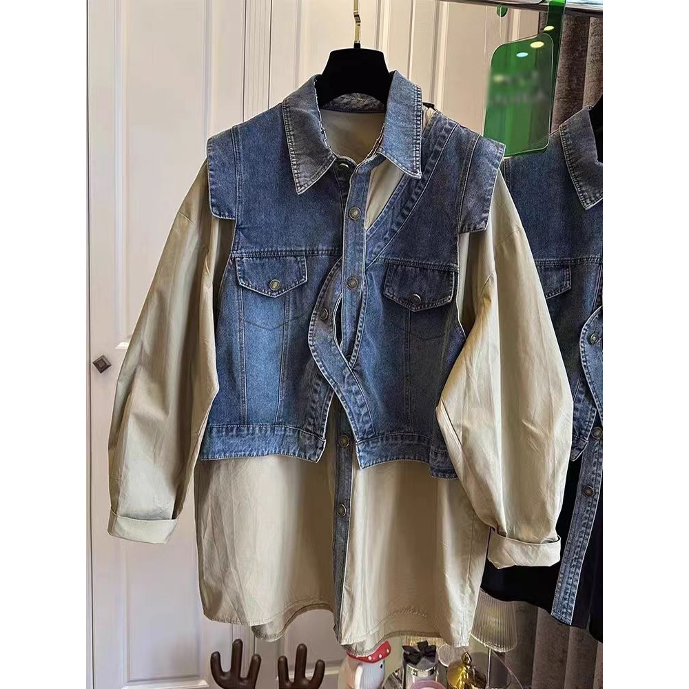 设计感小众牛仔拼接衬衫女春秋季大码胖mm宽松遮肚显瘦假两件上衣