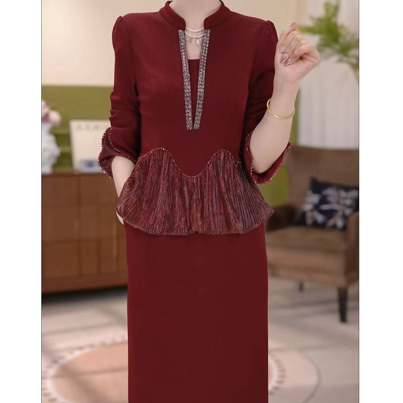 5593#气质婚宴喜婆婆奢华连衣裙2025秋季新款洋气女装裙子