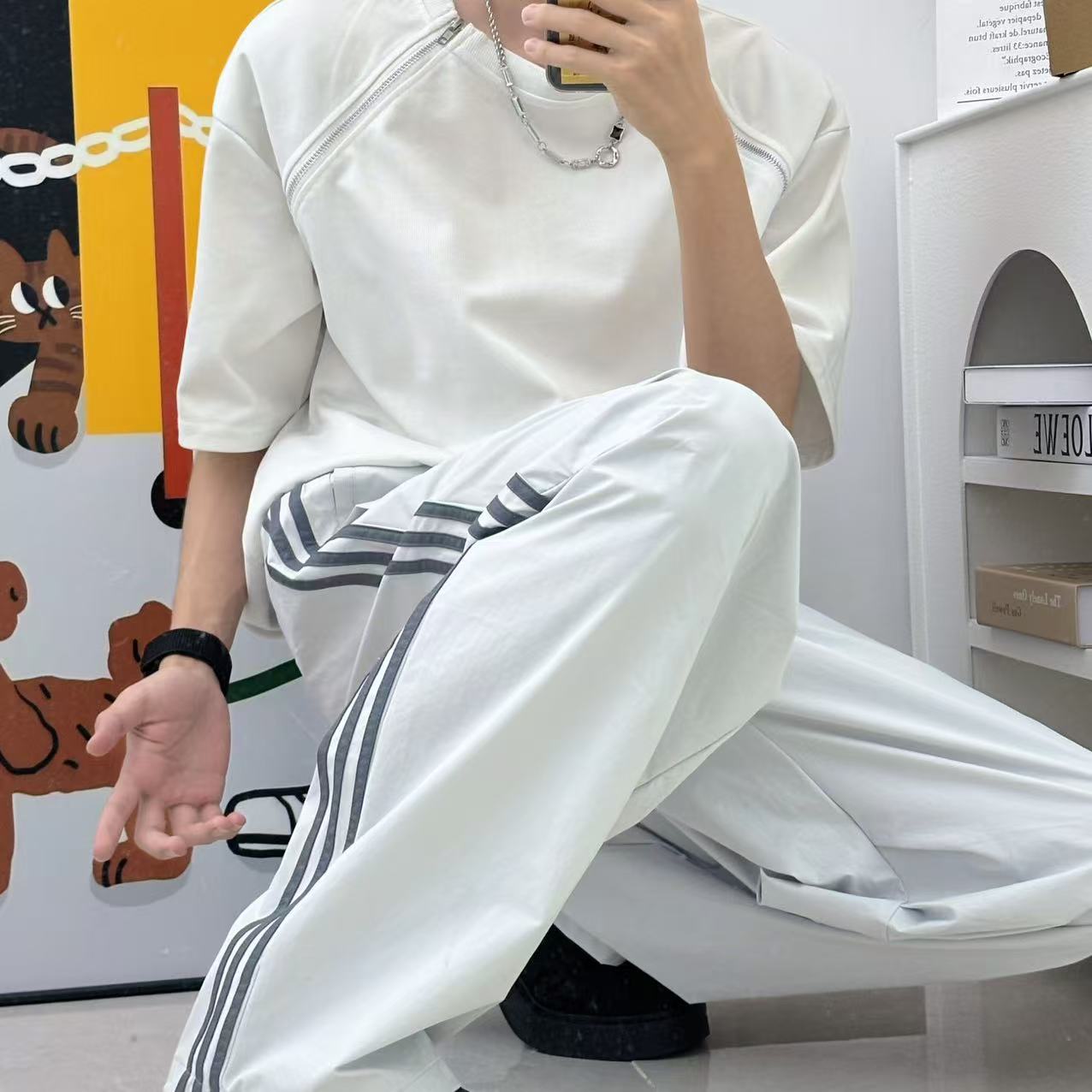 MO家美式条纹伞兵裤男女工装裤薄款休闲百搭运动宽松直筒拖地裤