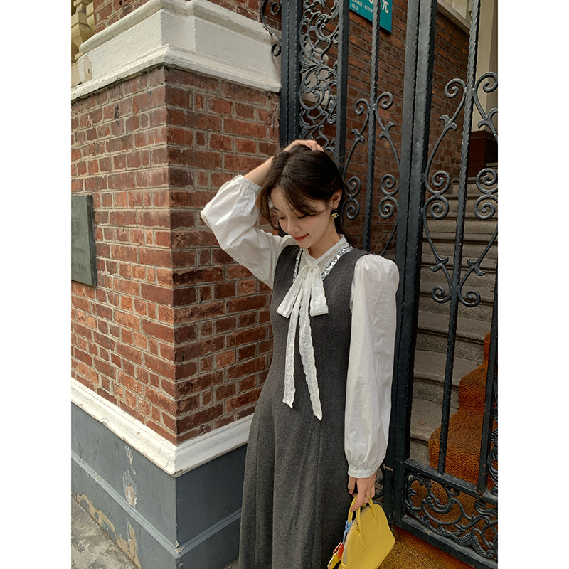 秋冬款法式学院风甜美减龄V领无袖连衣裙女F2307