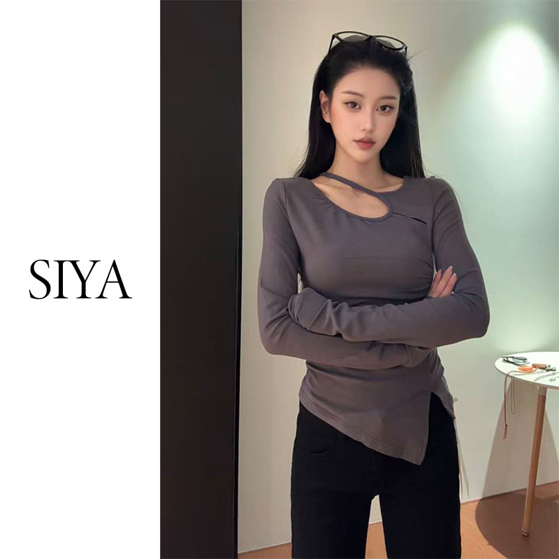 【SIYA】不规则镂空设计气质长袖秋季女款方领修身T恤黑色百搭显瘦