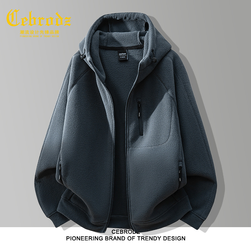 法国Cebrodz摇粒绒外套大码秋冬季加绒加厚保暖男士连帽休闲卫衣