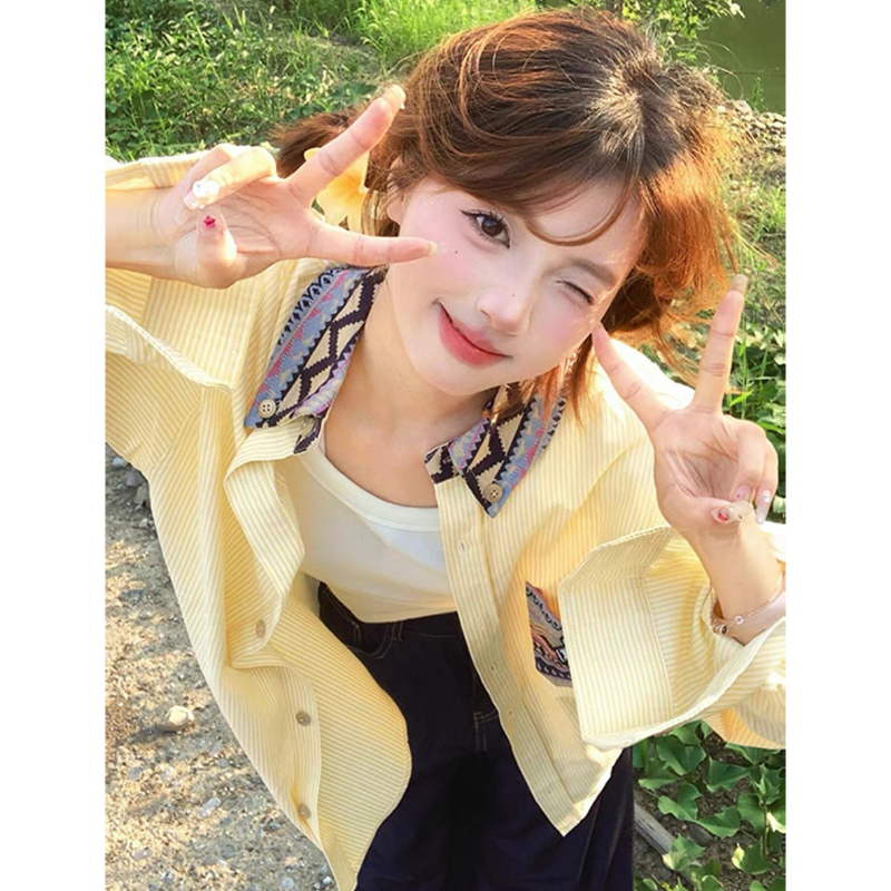 新款设计感民族风拼接条纹长袖衬衫女百搭叠穿春秋上衣外套女