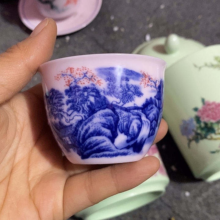 摆件陶红稀土山水釉里红小缸杯