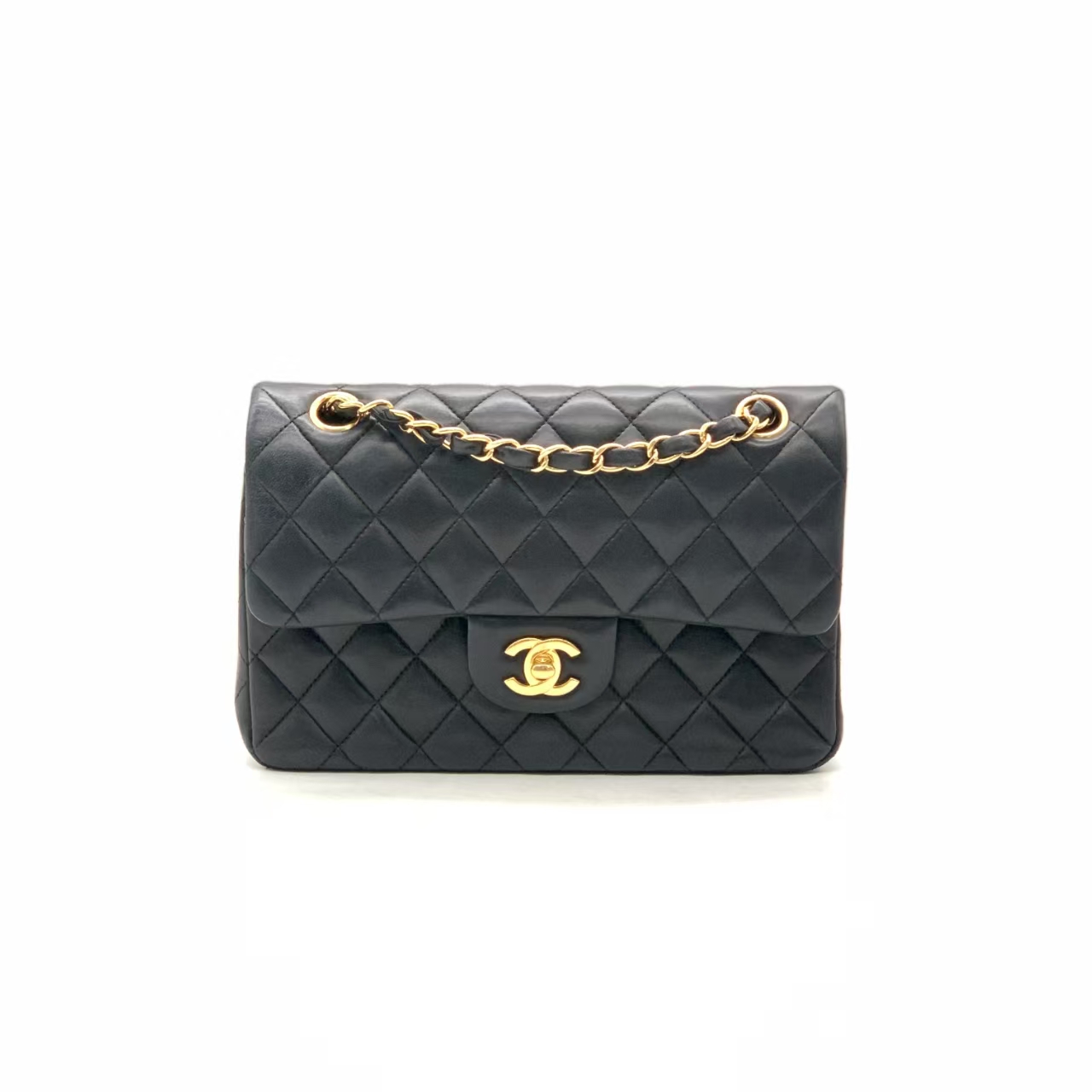 95新 Chanel/香奈儿 黑金光面羊小号cf口盖包/28开
