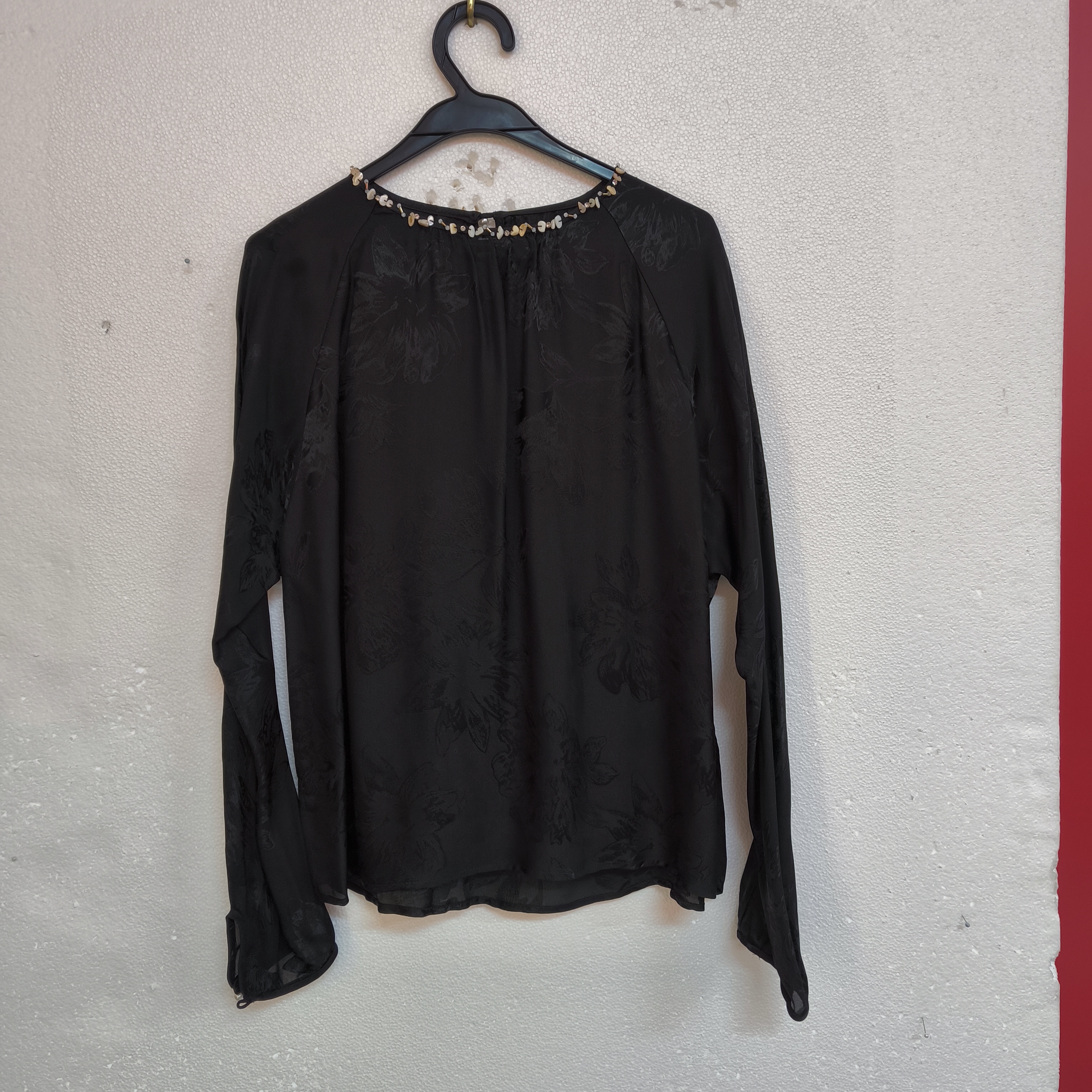 100桑蚕丝重磅真丝花萝匠心镶边圆领长袖衬衫上衣189