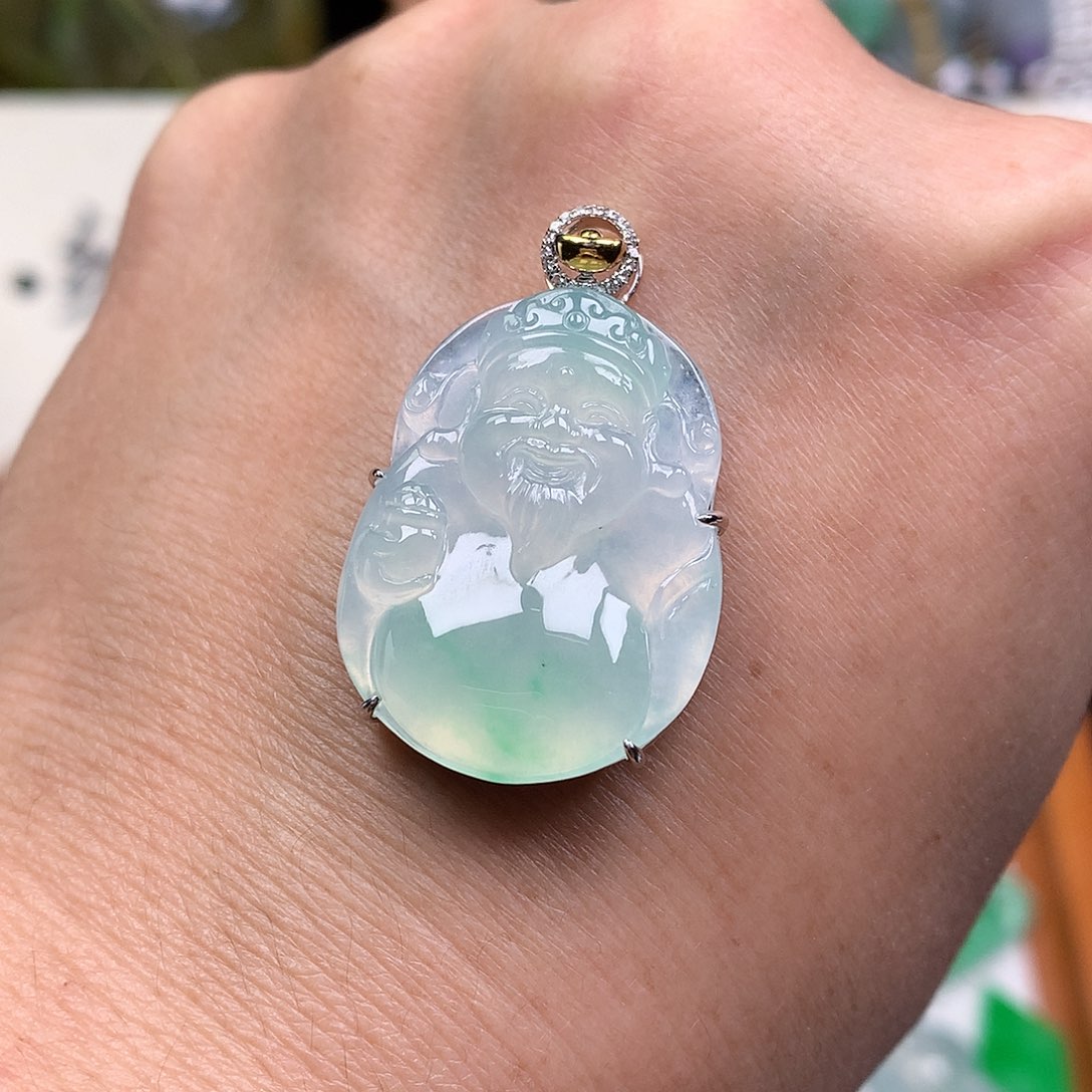 翡翠裸石18K金镶嵌缅甸天然A货翡翠冰种财神爷