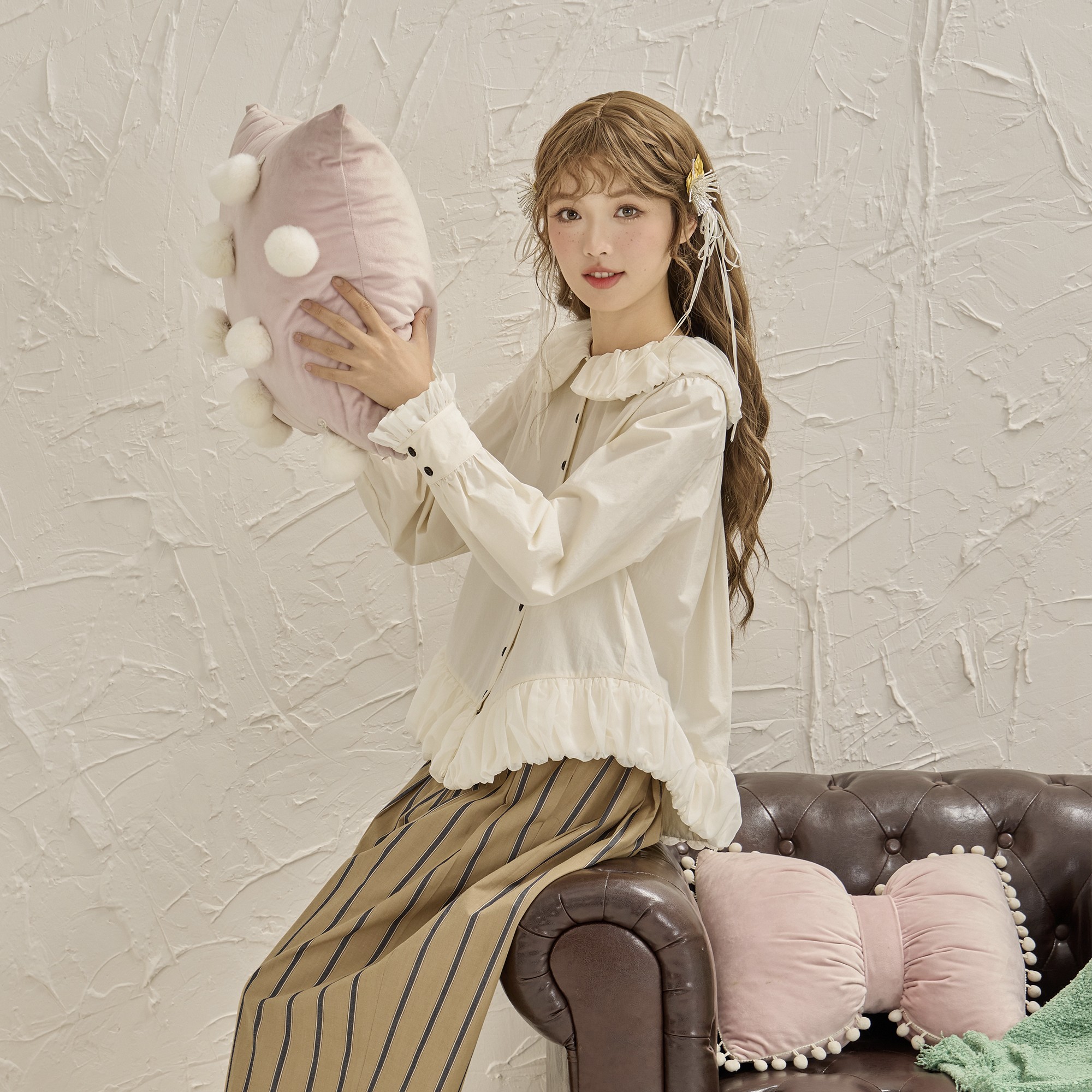 mani森日快乐 甜美文艺娃娃领荷叶边长袖日系衬衫宽松系扣上衣女