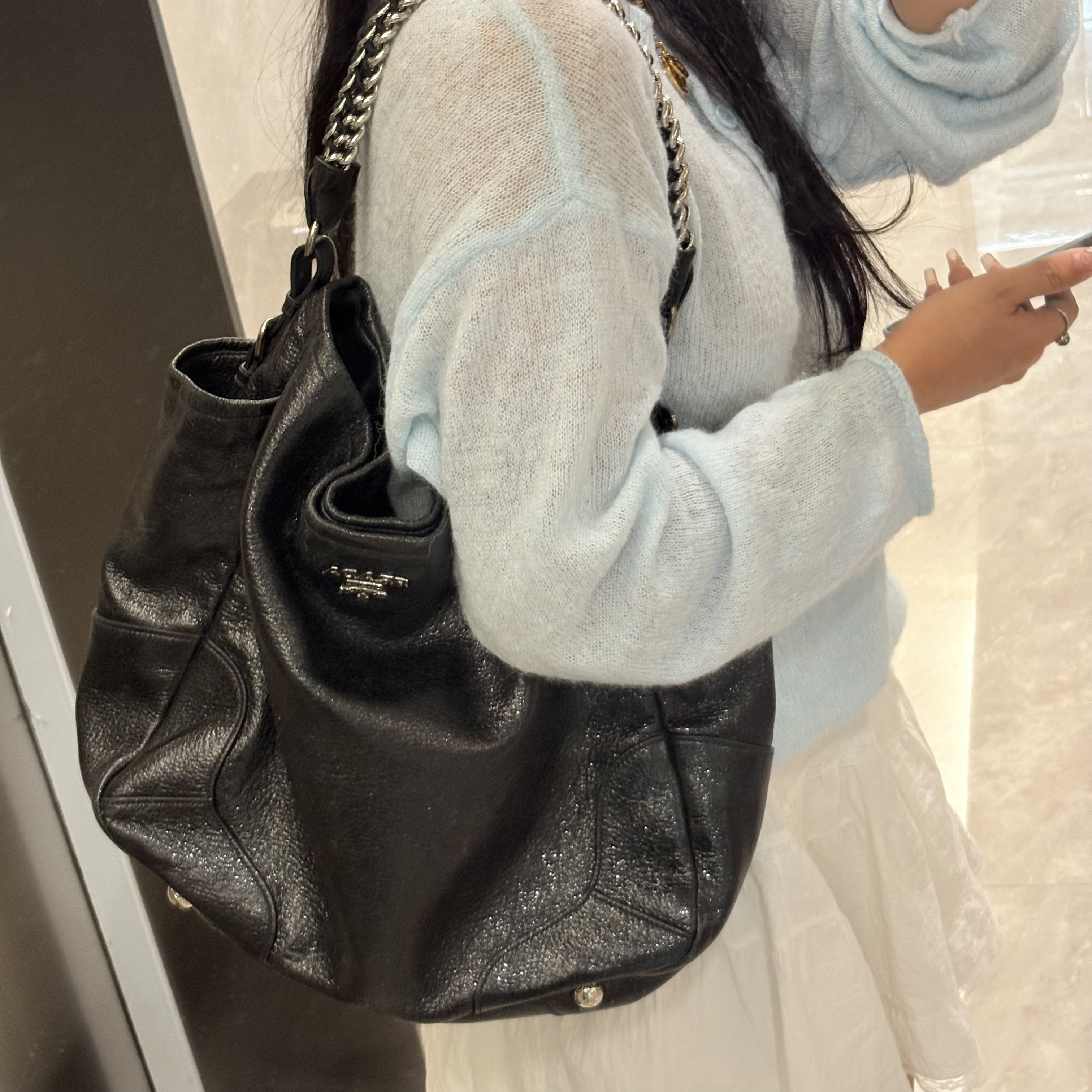 95新 Prada/普拉达 95新黑银链条垃圾袋款式大托特流浪包