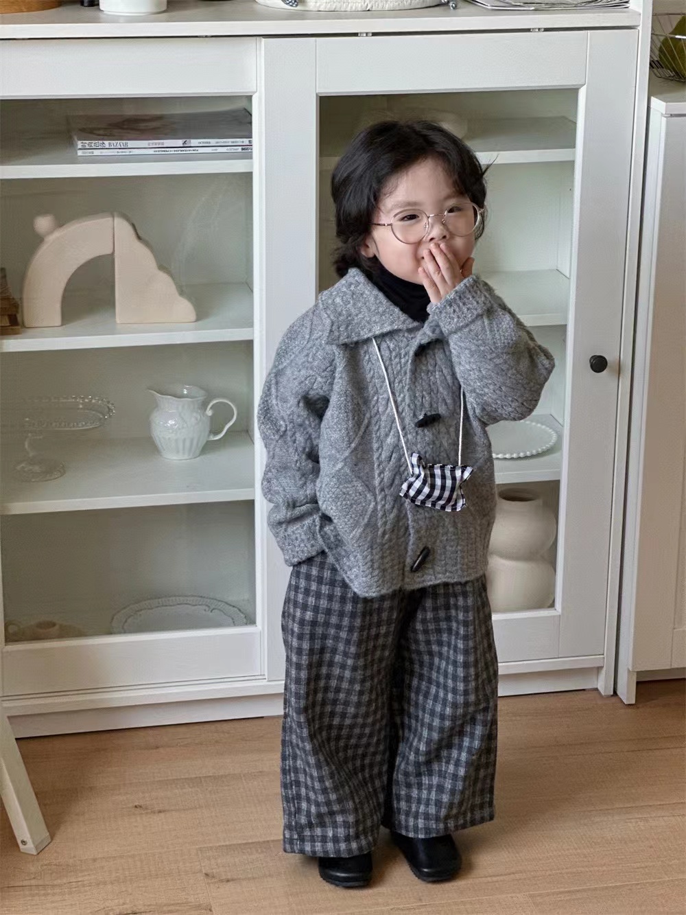 儿童毛衣 2025秋季新品韩版男女童翻领毛衣开衫格子裤mt    