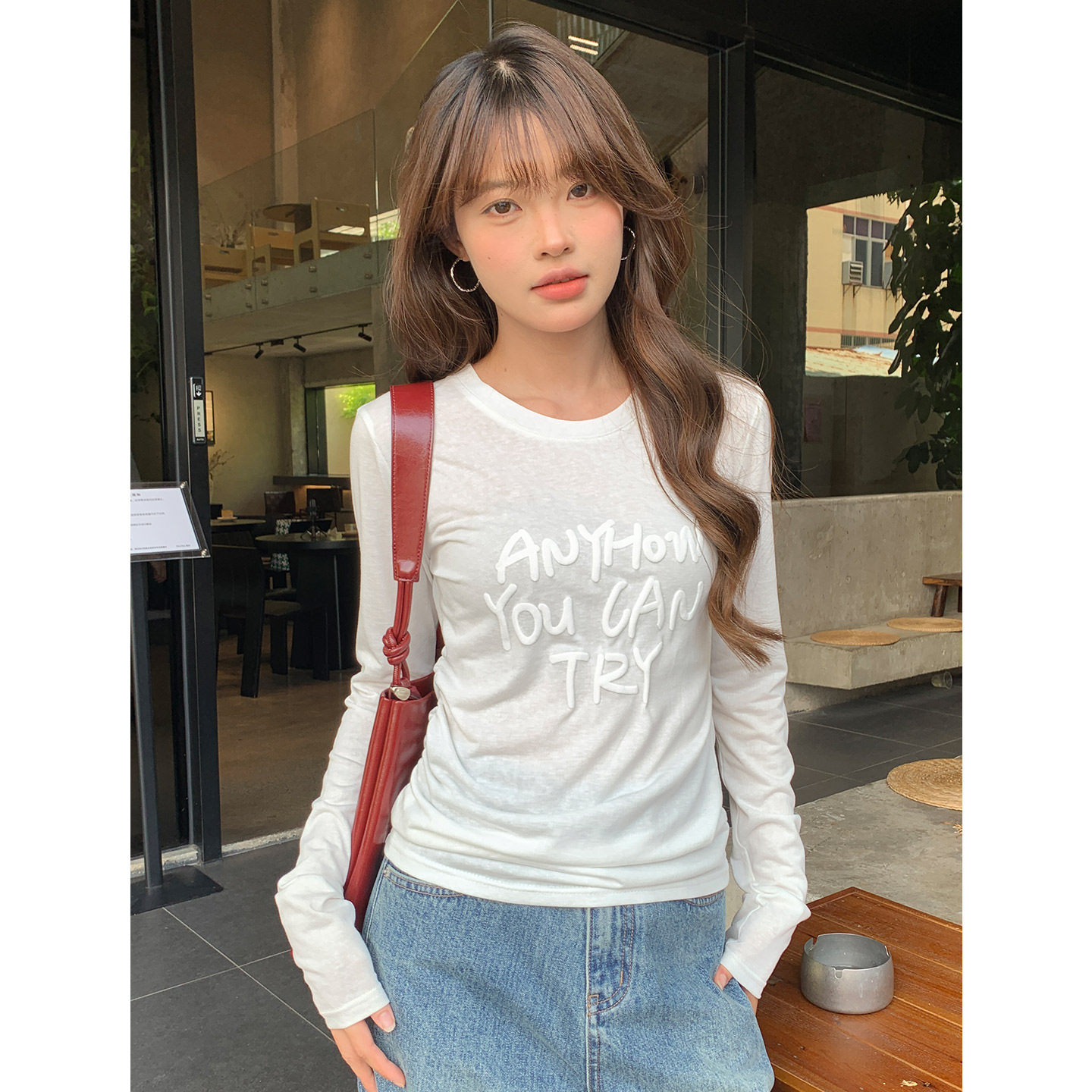 【莱赛尔】秋季设计感立体印花薄款T恤女小众百搭修身显瘦长袖上衣