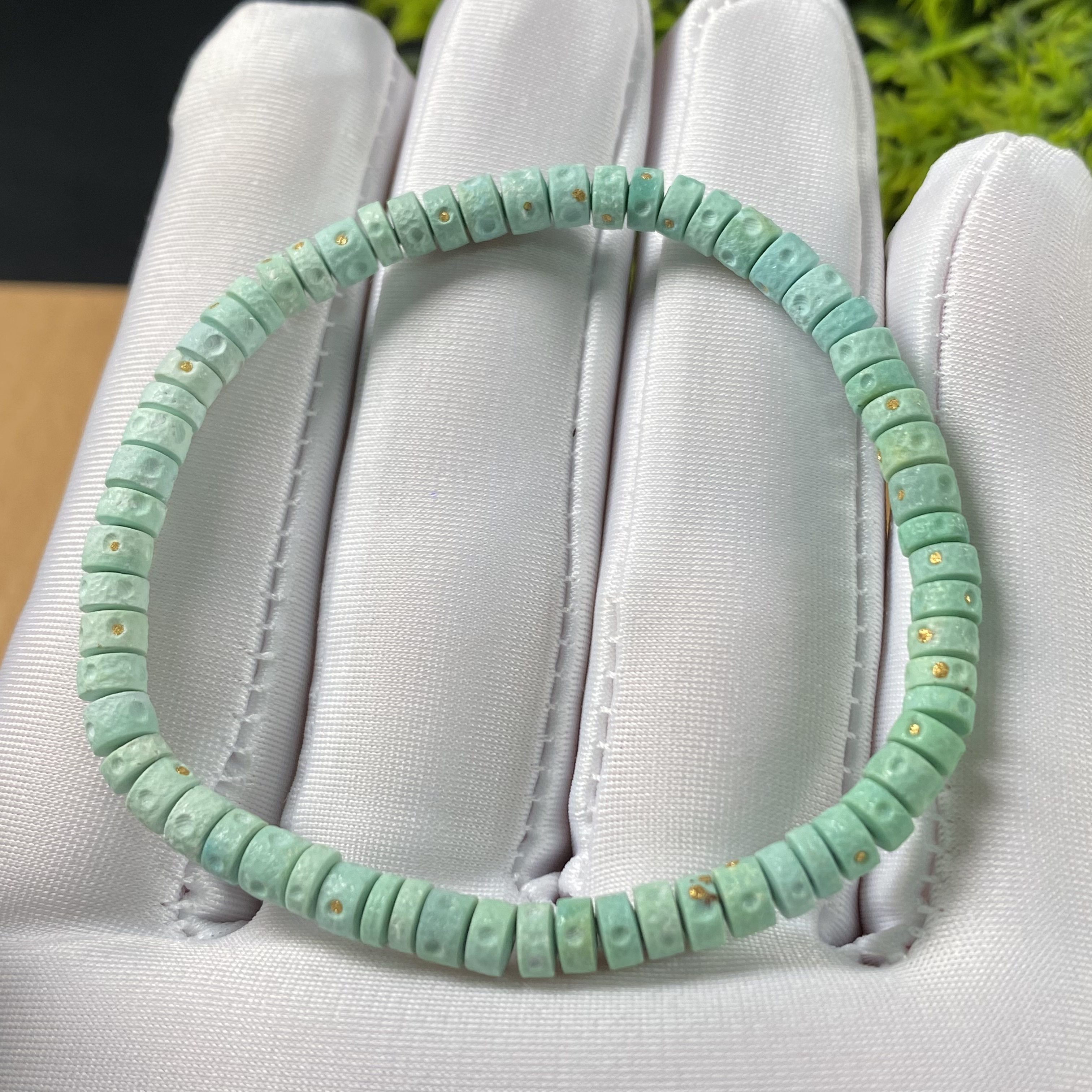 原矿绿松石菜籽黄星球直切手串 直径4.5mm，重5.72g，圈围15cm