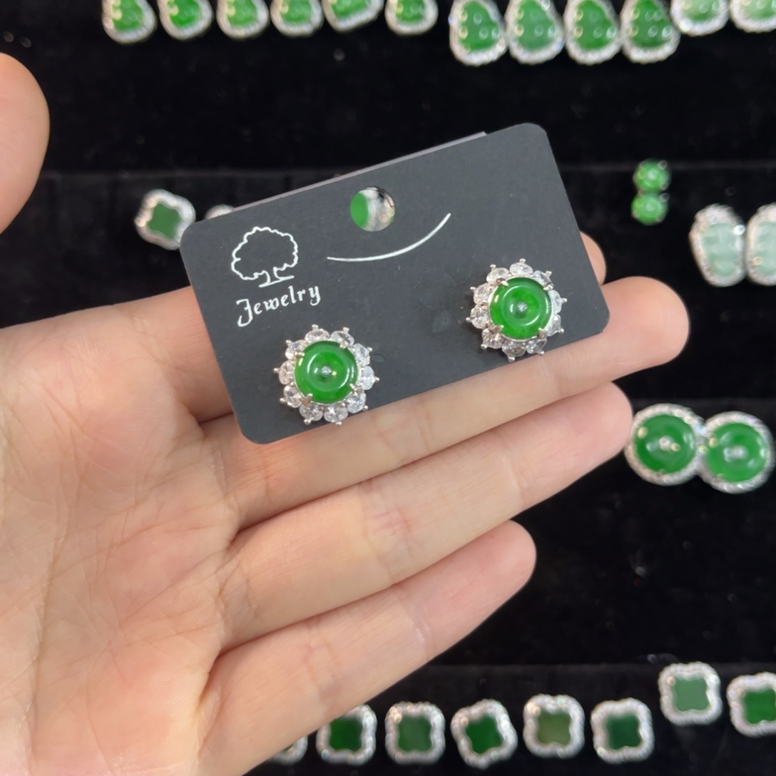 翡翠银S925镶嵌戒指翡翠耳钉