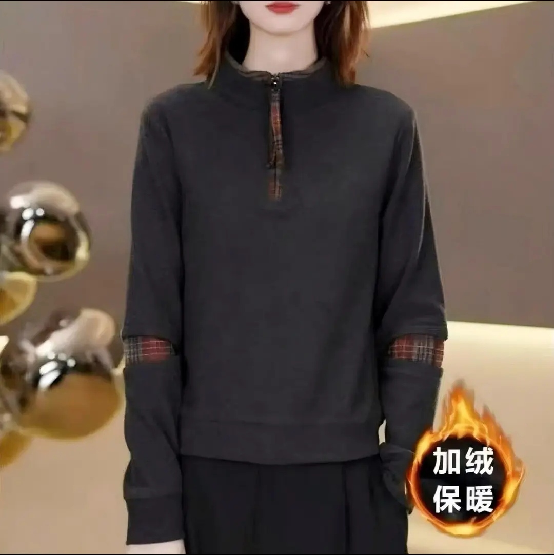 【格子拼接】冬季新款 加绒针织女士上衣 保暖舒适
