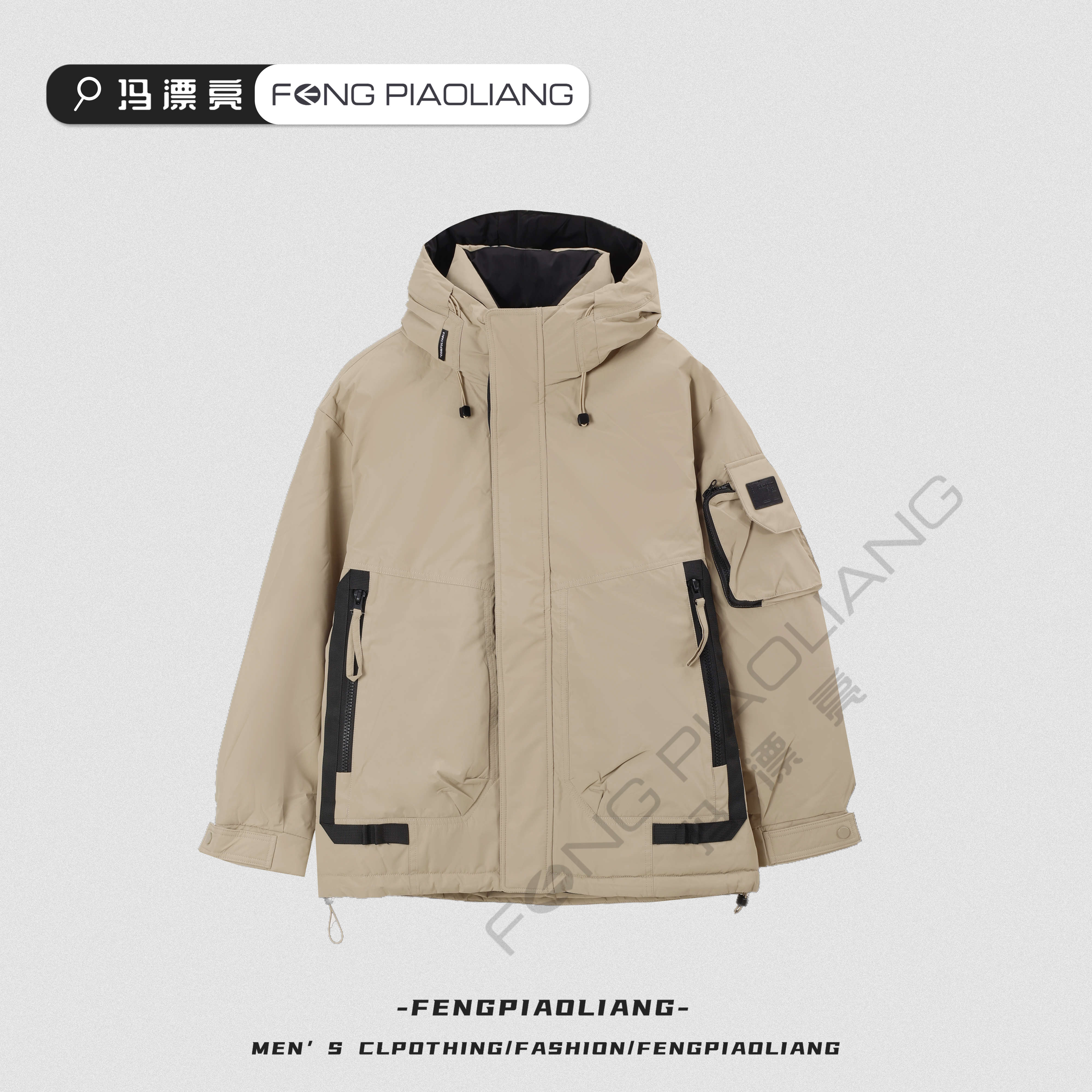 卡其【以暖之名羽绒服】87058冬季潮流工装大口袋撞色保暖情侣款