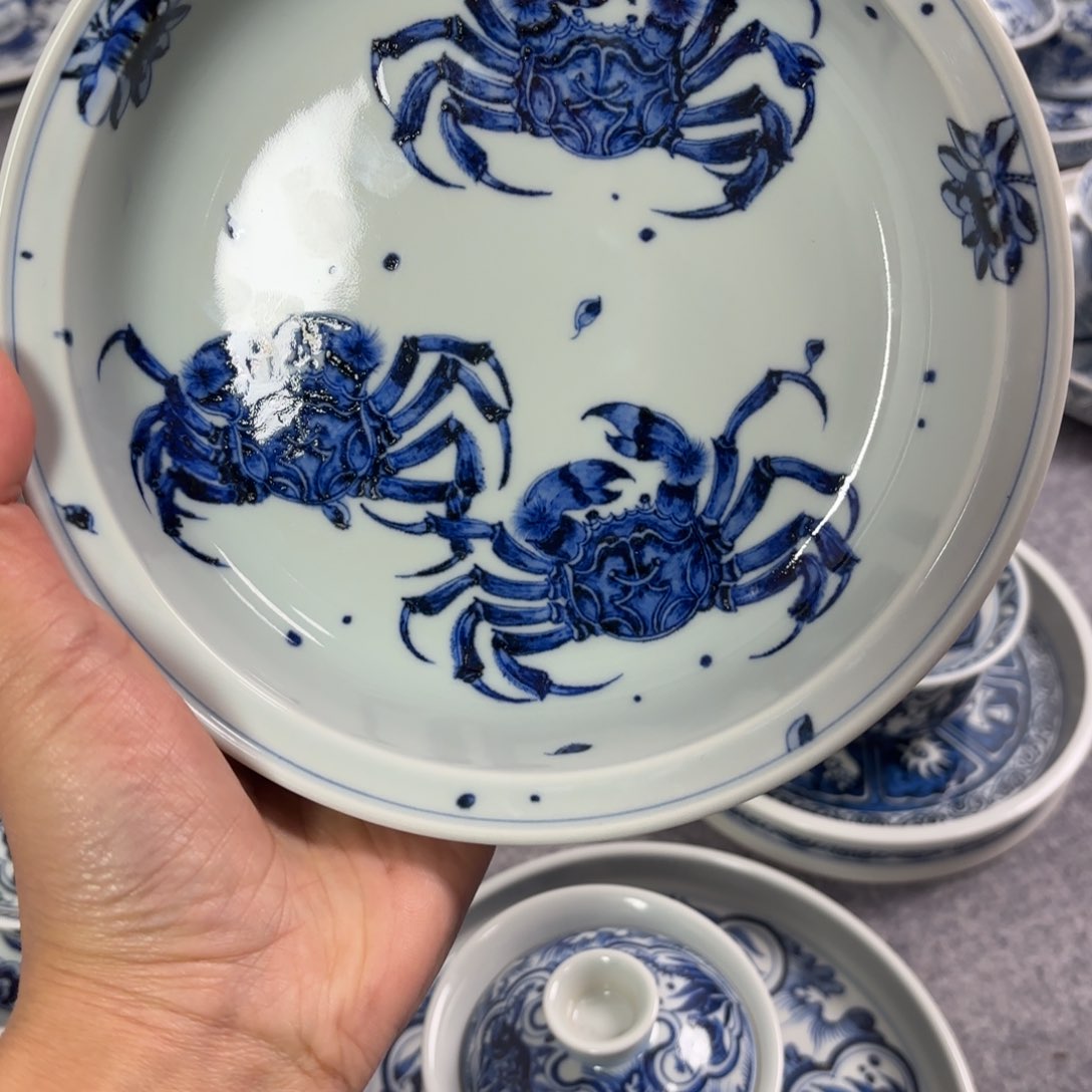 百****技景德镇手工手绘茶具微瑕螃蟹壶承