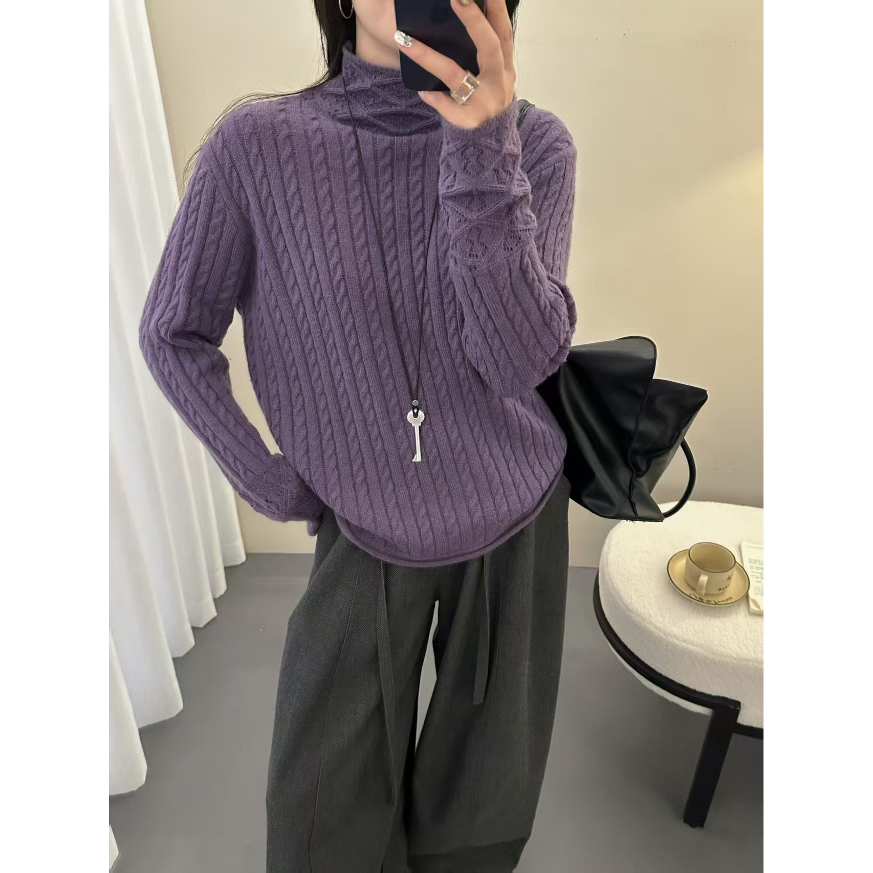 （蜜熊绒）韩版针织衫套头秋冬新款时尚柔软高领麻花纯色毛衣f1845