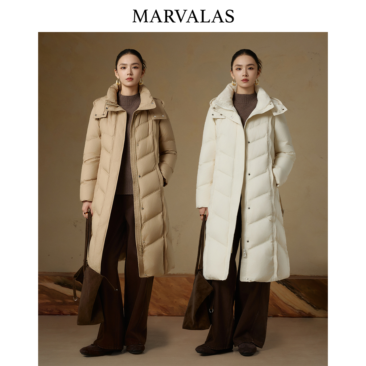 【丽公主】长款新款时尚连帽收腰设计纯色百搭保暖外套154H0201