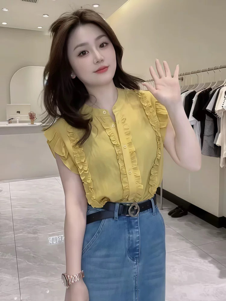 881花边拼接木耳边无袖衬衫2025夏季单排扣小衫洋气