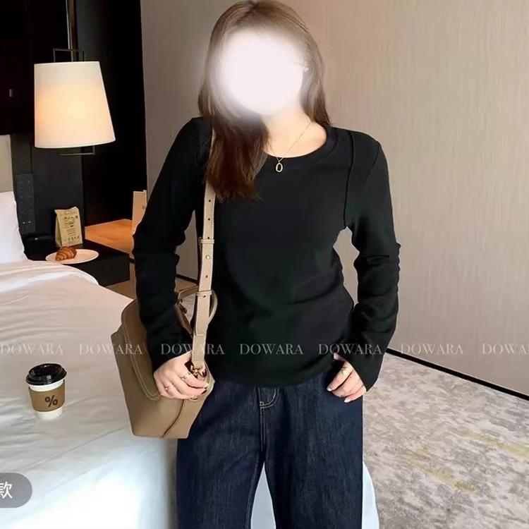 【青青】大码胖mm正肩纯色上衣修身显瘦圆领小众设计感长袖t恤6472