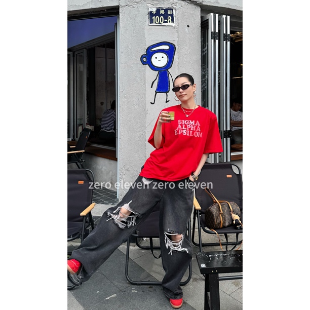 【特价NO退NO换】高街水洗做旧宽松设计感黑色破洞牛仔裤夏UWA4241