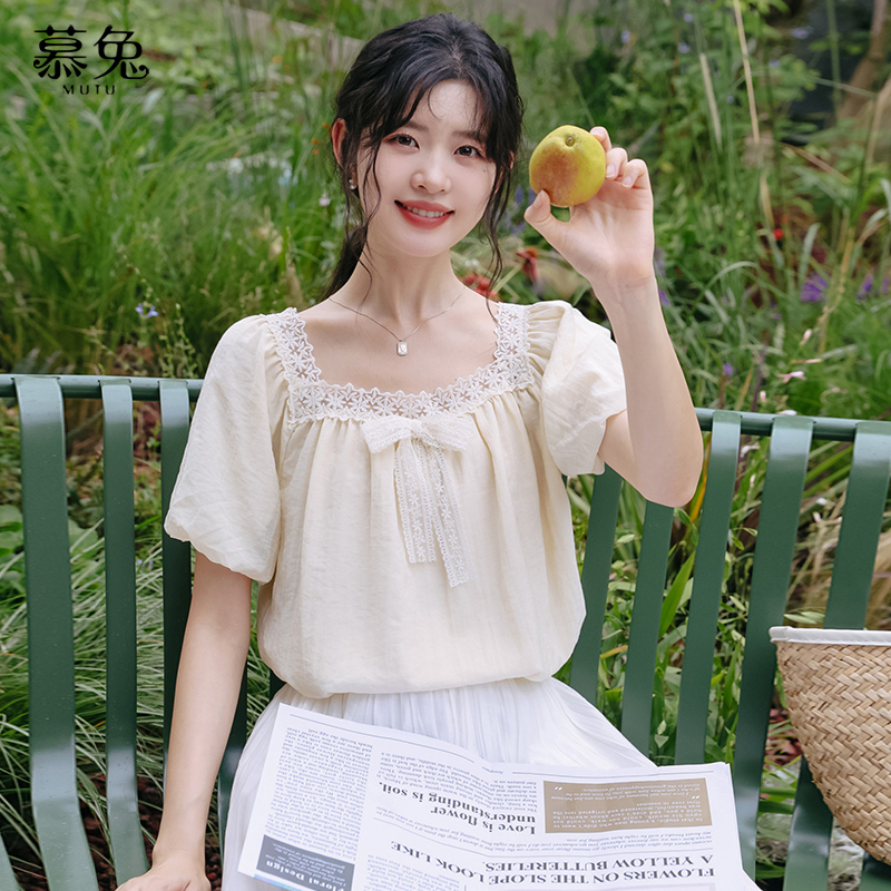 慕兔法式甜美方领蕾丝花边上衣女夏2024新款设计感小众泡泡袖衬衫