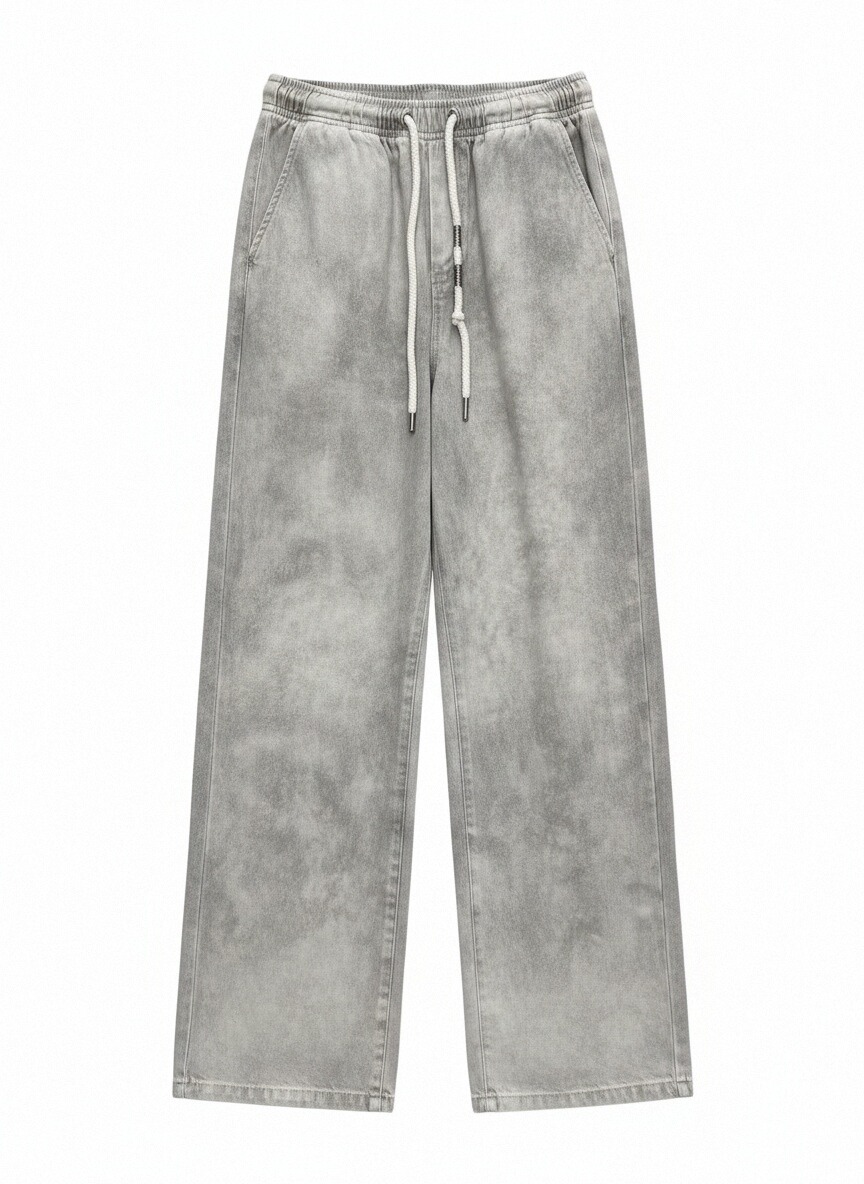 宽松型抽绳扎染牛仔裤高街日系原麻色亚麻长裤休闲裤525