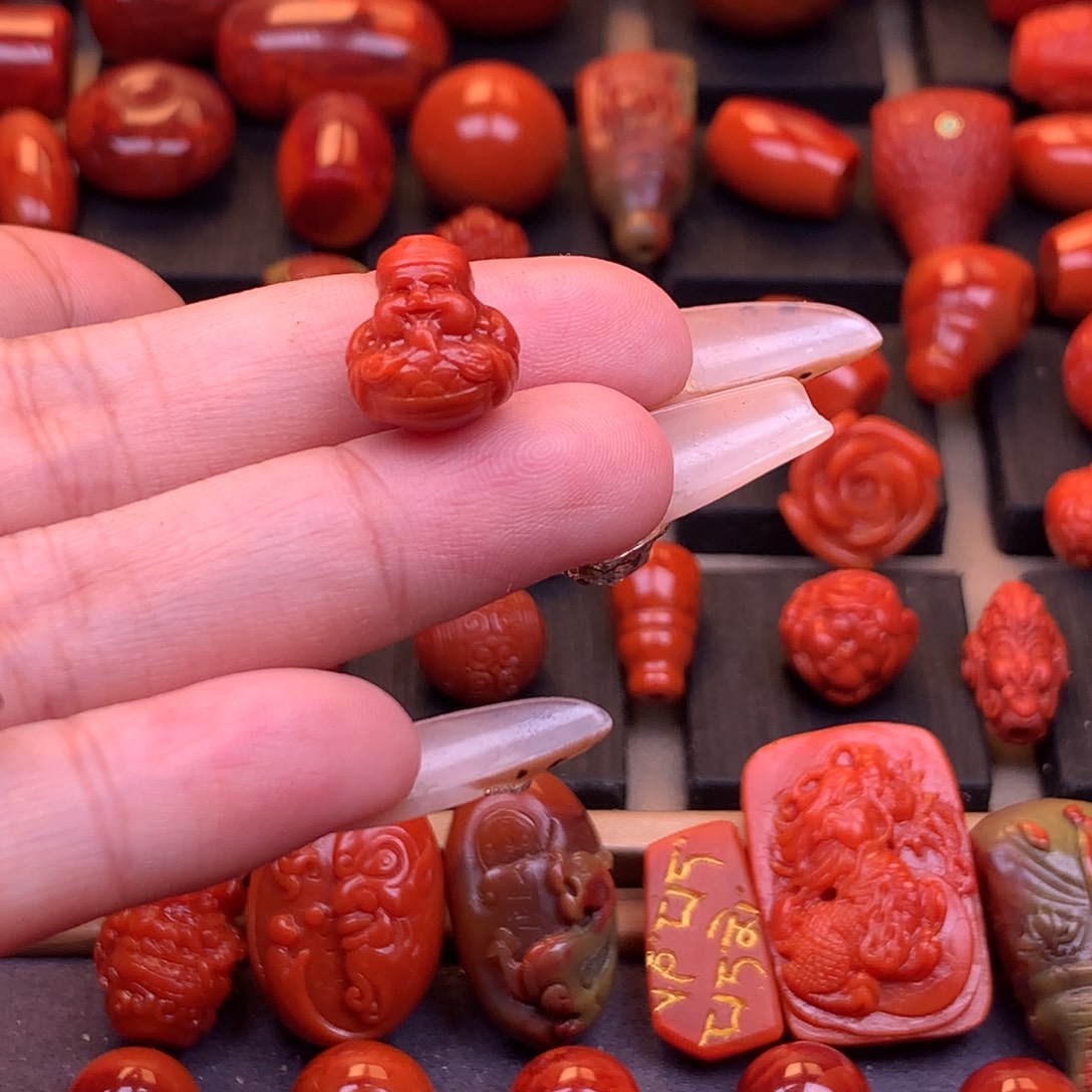 糖***皮南红玛瑙未镶嵌南红精工立体财神11.8mm