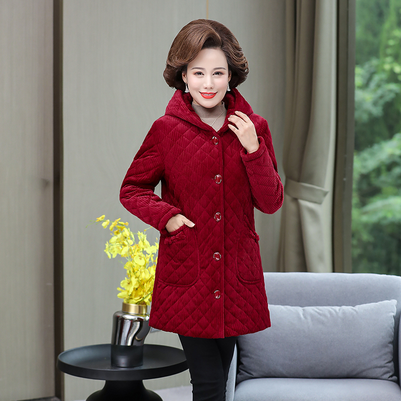 妈妈冬季新款加绒加厚中款连帽棉袄中老年时尚保暖棉服外套