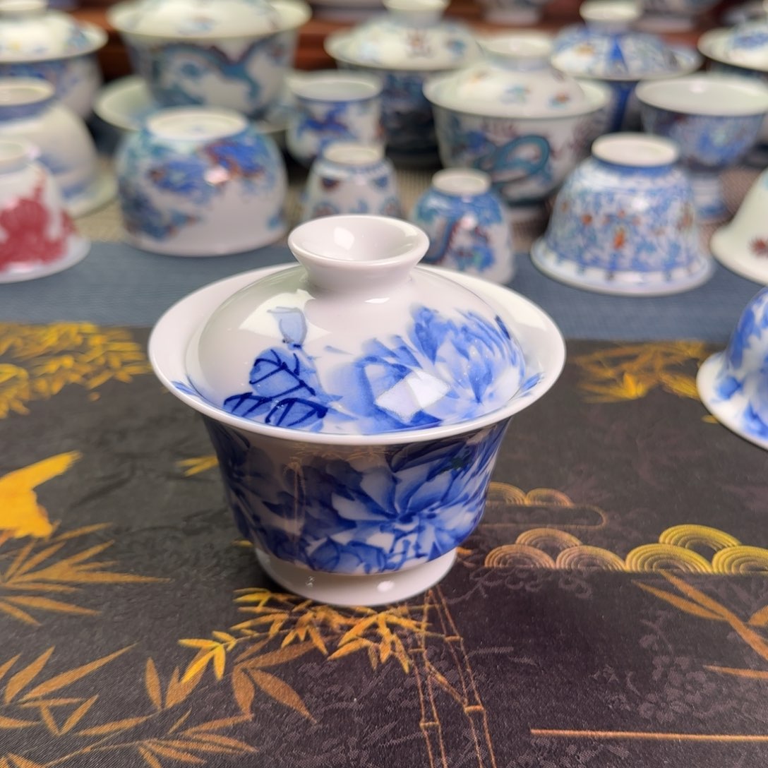 瓷片马蹄牡丹盖碗杯杯杯