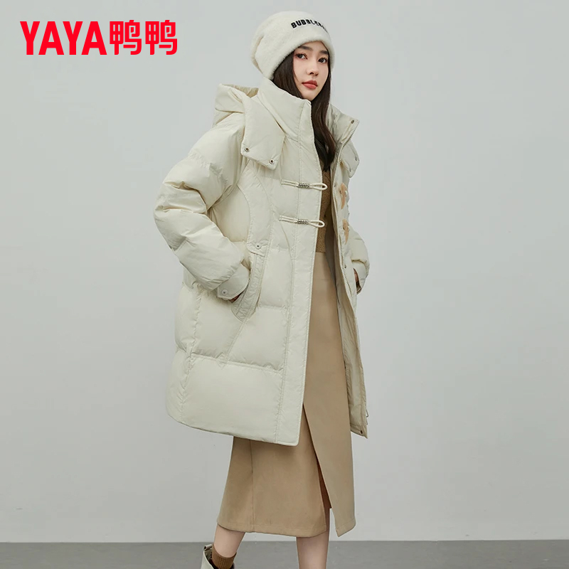 YAYA/鸭鸭长款羽绒服2024冬季新款时尚牛角扣鸭绒外套YE3B615965L